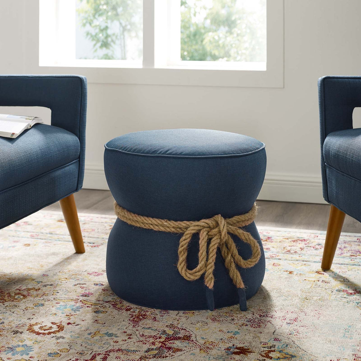 Beat Nautical Rope Upholstered Fabric Ottoman - Coastal Modern & Versatile Footstool