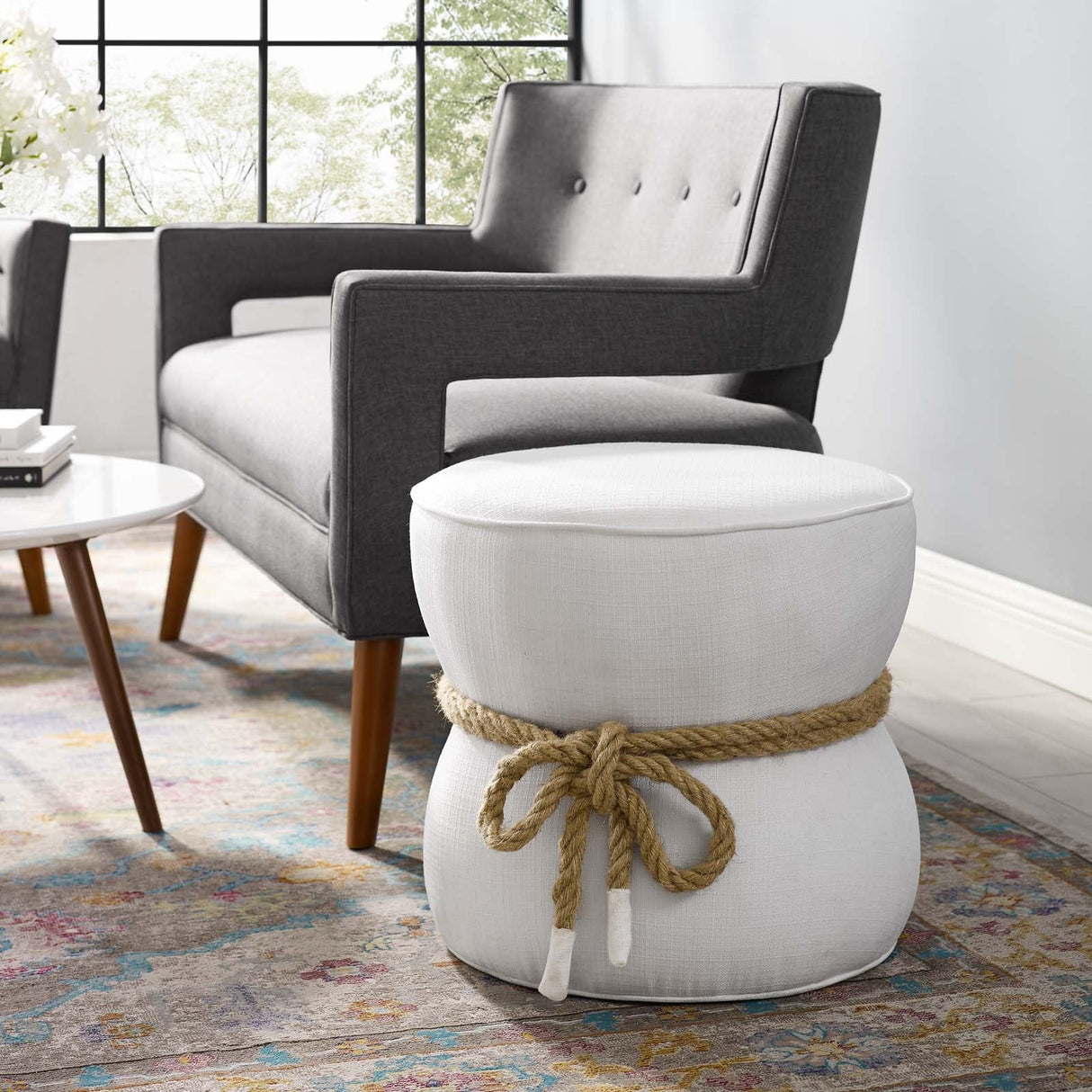 Beat Nautical Rope Upholstered Fabric Ottoman - Coastal Modern & Versatile Footstool