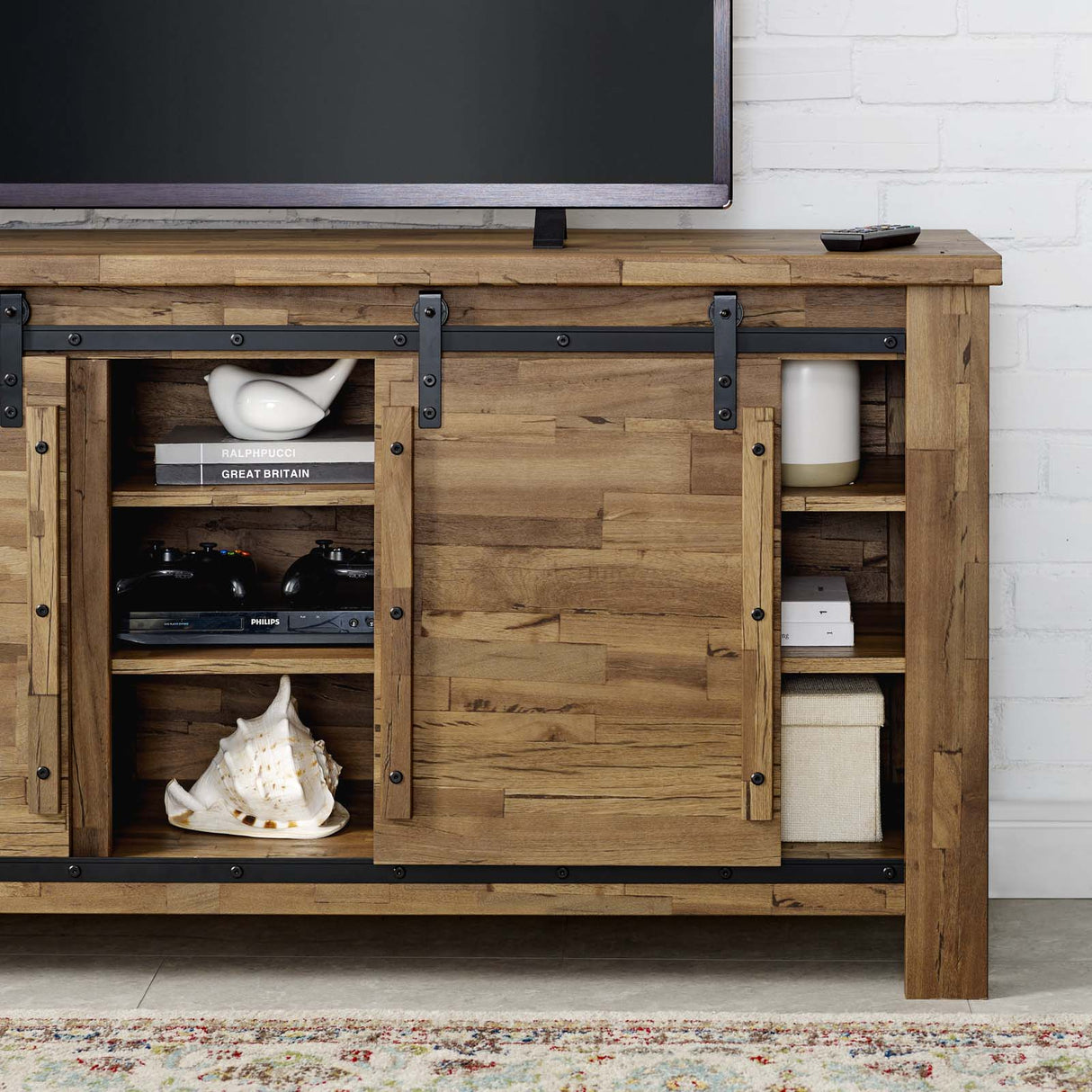 Cheshire 71" Rustic Sliding Door TV Stand - Modern Farmhouse & Adjustable Media Storage