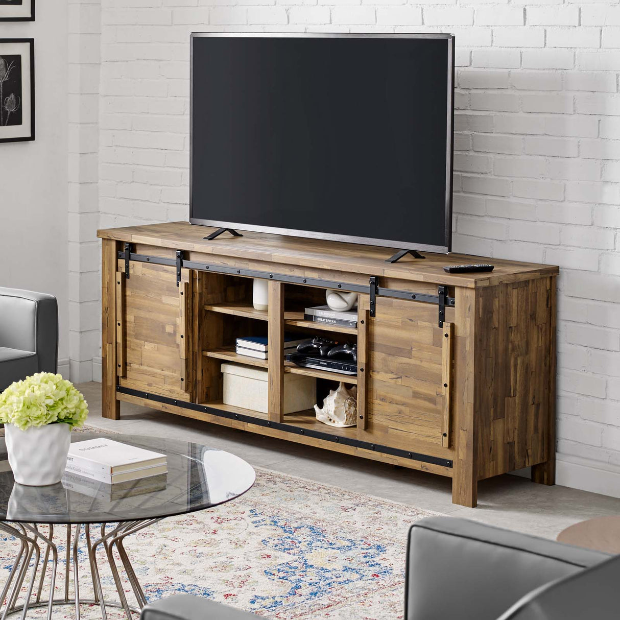 Cheshire 71" Rustic Sliding Door TV Stand - Modern Farmhouse & Adjustable Media Storage