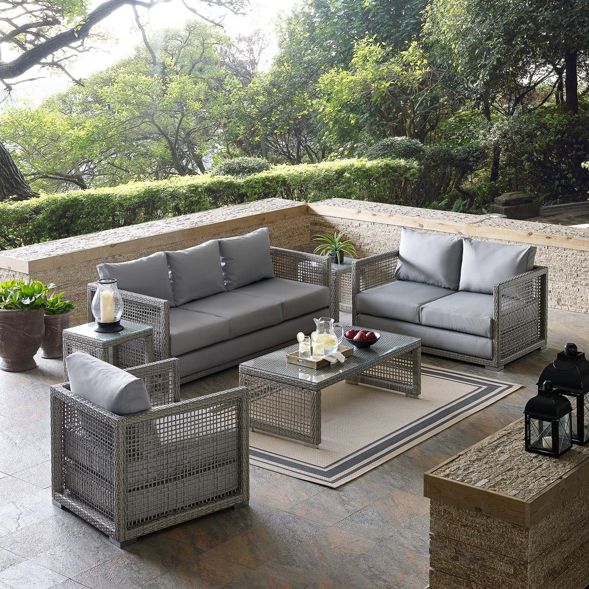 Aura 6 Piece Outdoor Patio Wicker Rattan Set - Modern Coastal & Weather-Resistant Sectional