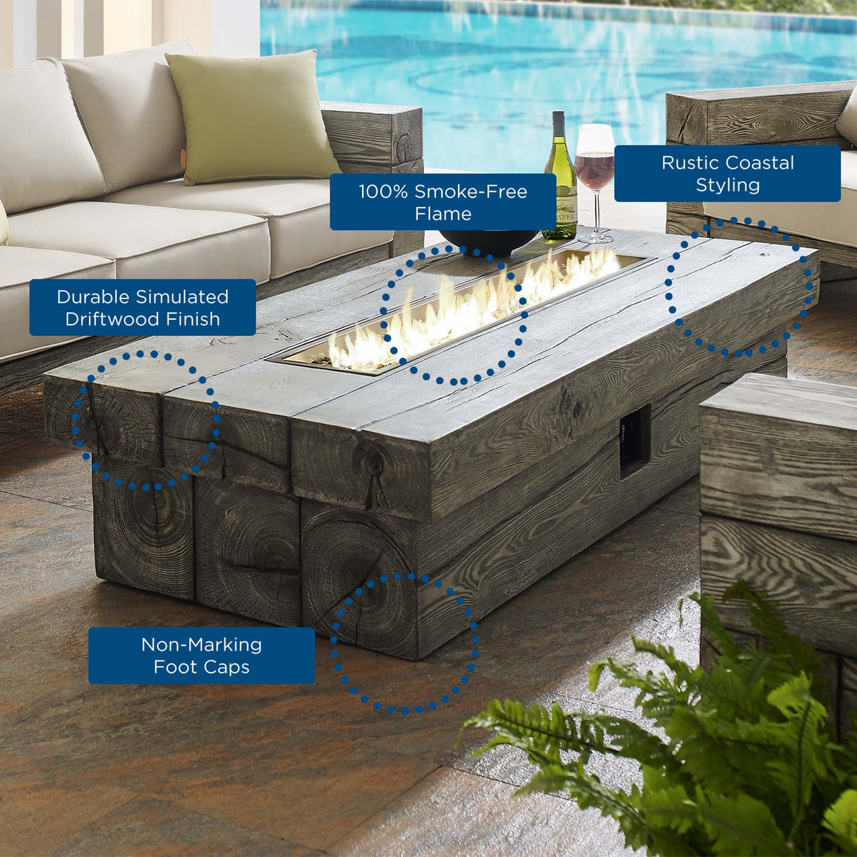 Manteo 70" Rectangular Outdoor Patio Fire Pit Table - Rustic Coastal & Weather-Resistant