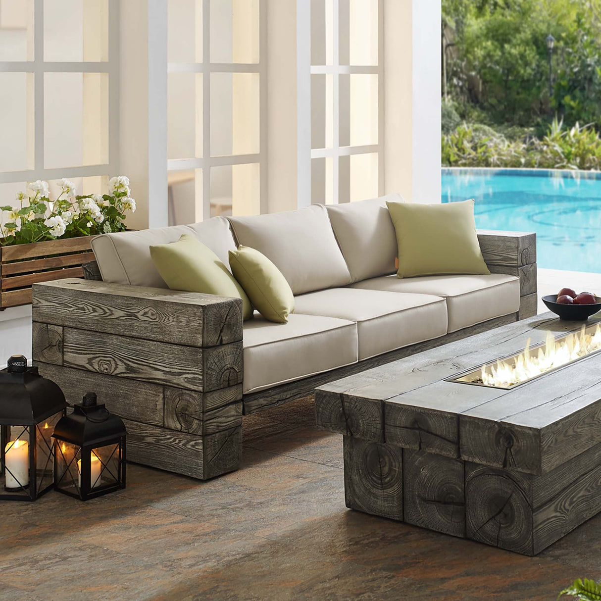 Manteo Rustic Coastal Outdoor Patio Sunbrella® Sofa - Driftwood Finish & Weather-Resistant Seating