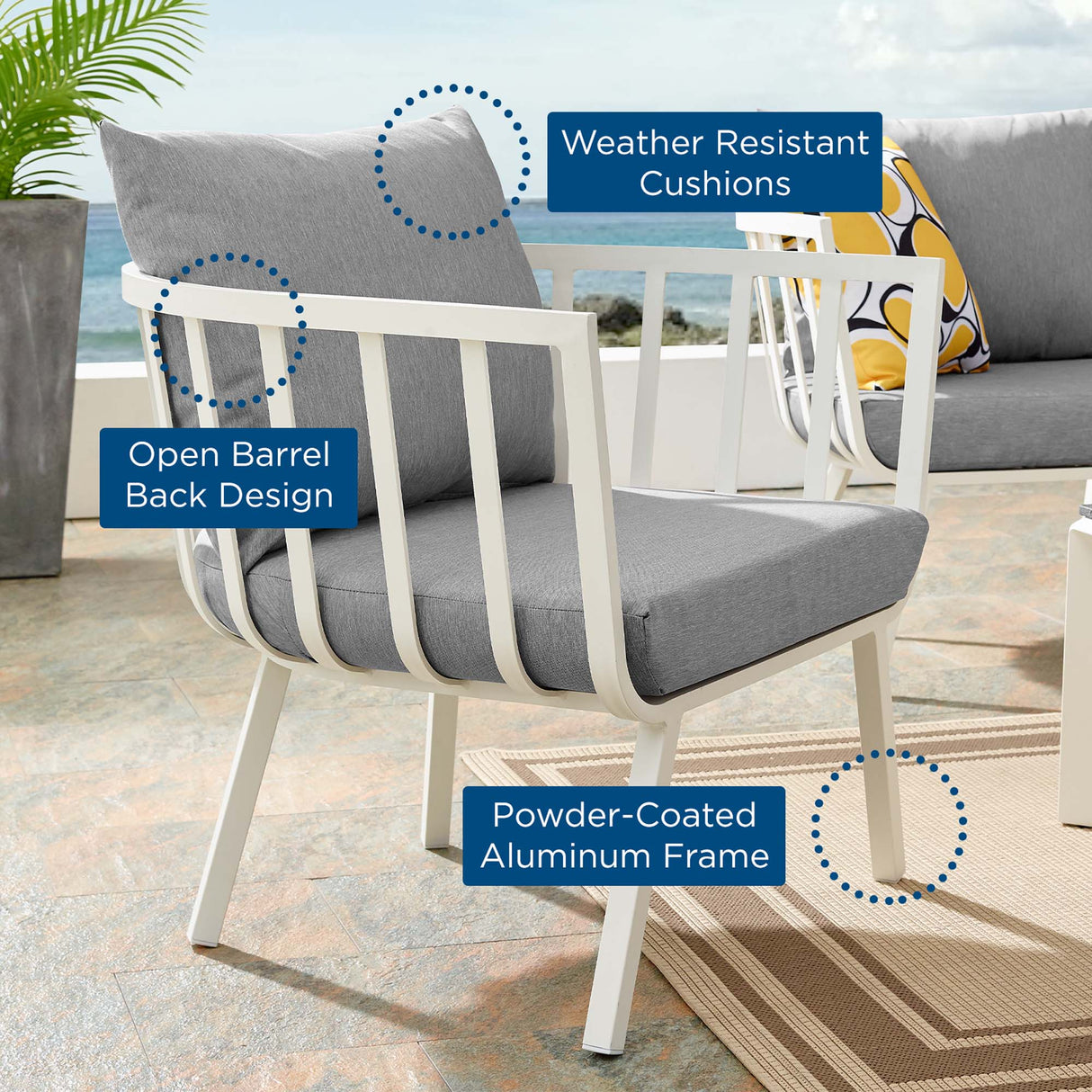 Riverside Outdoor Patio Aluminum Armchair - Coastal Modern & All-Weather Poolside Seating