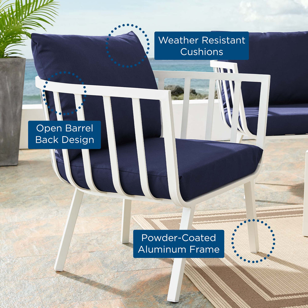 Riverside Outdoor Patio Aluminum Armchair - Coastal Modern & All-Weather Poolside Seating