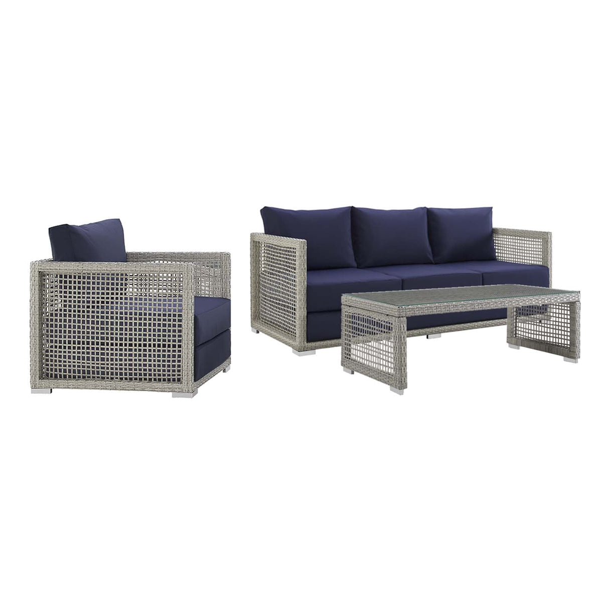 Aura 3 Piece Outdoor Patio Wicker Rattan Set - Modern Coastal & Weather-Resistant Lounge