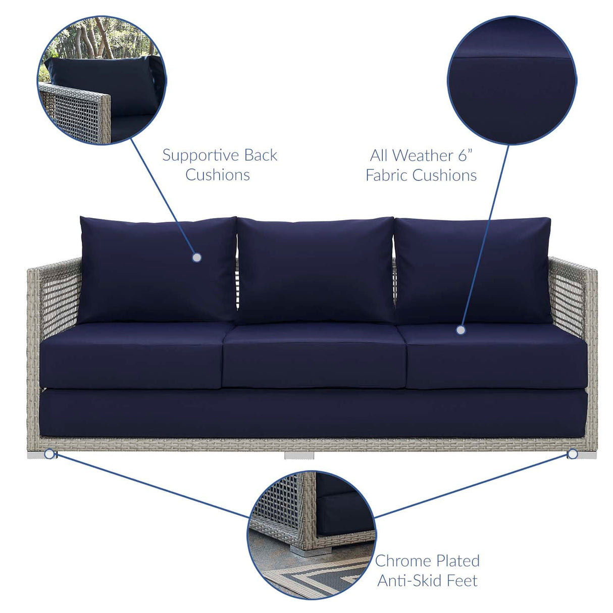 Aura 3 Piece Outdoor Patio Wicker Rattan Set - Modern Coastal & Weather-Resistant Lounge