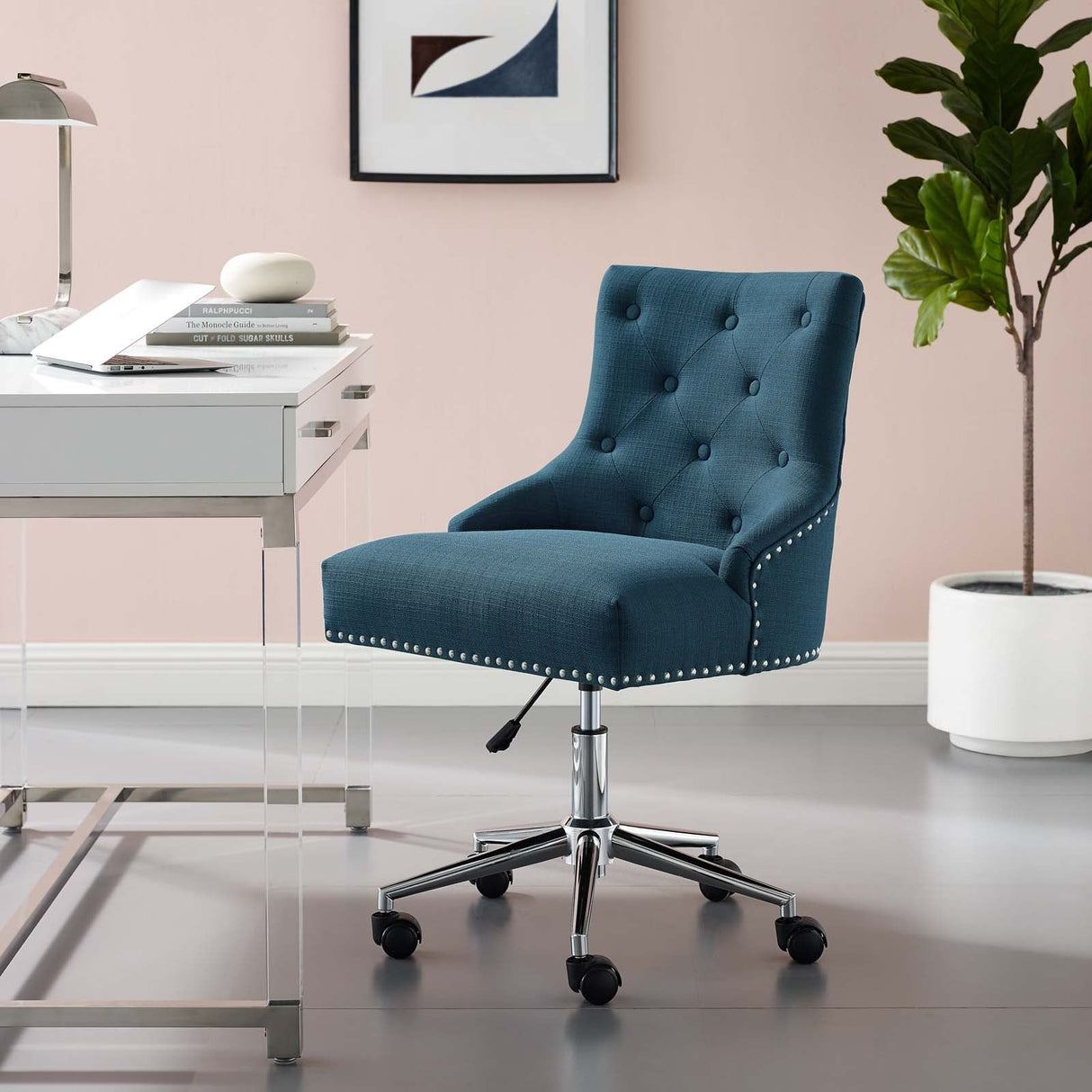 Regent Tufted Button Swivel Upholstered Fabric Office Chair - French Vintage Style & Height Adjustable