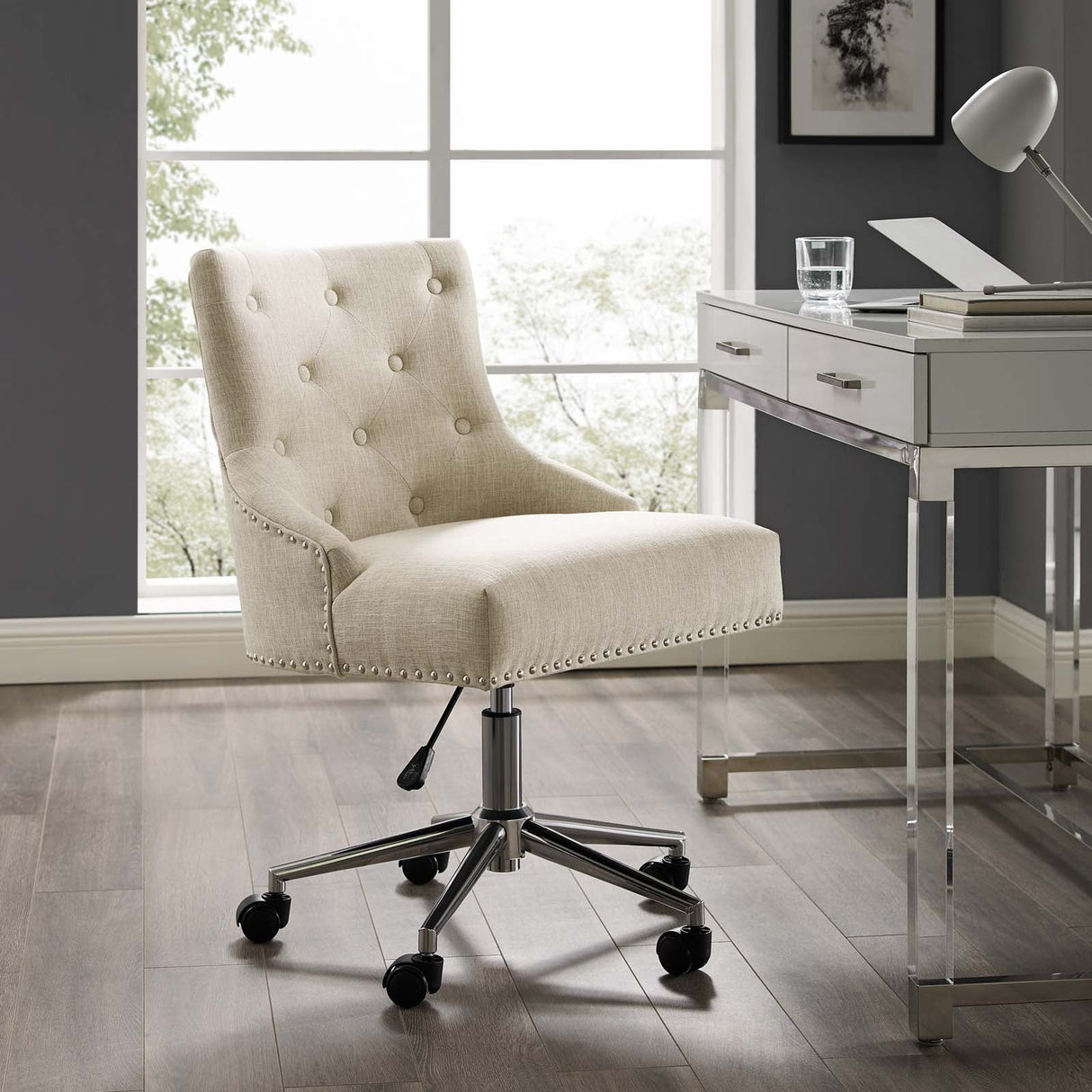 Regent Tufted Button Swivel Upholstered Fabric Office Chair - French Vintage Style & Height Adjustable