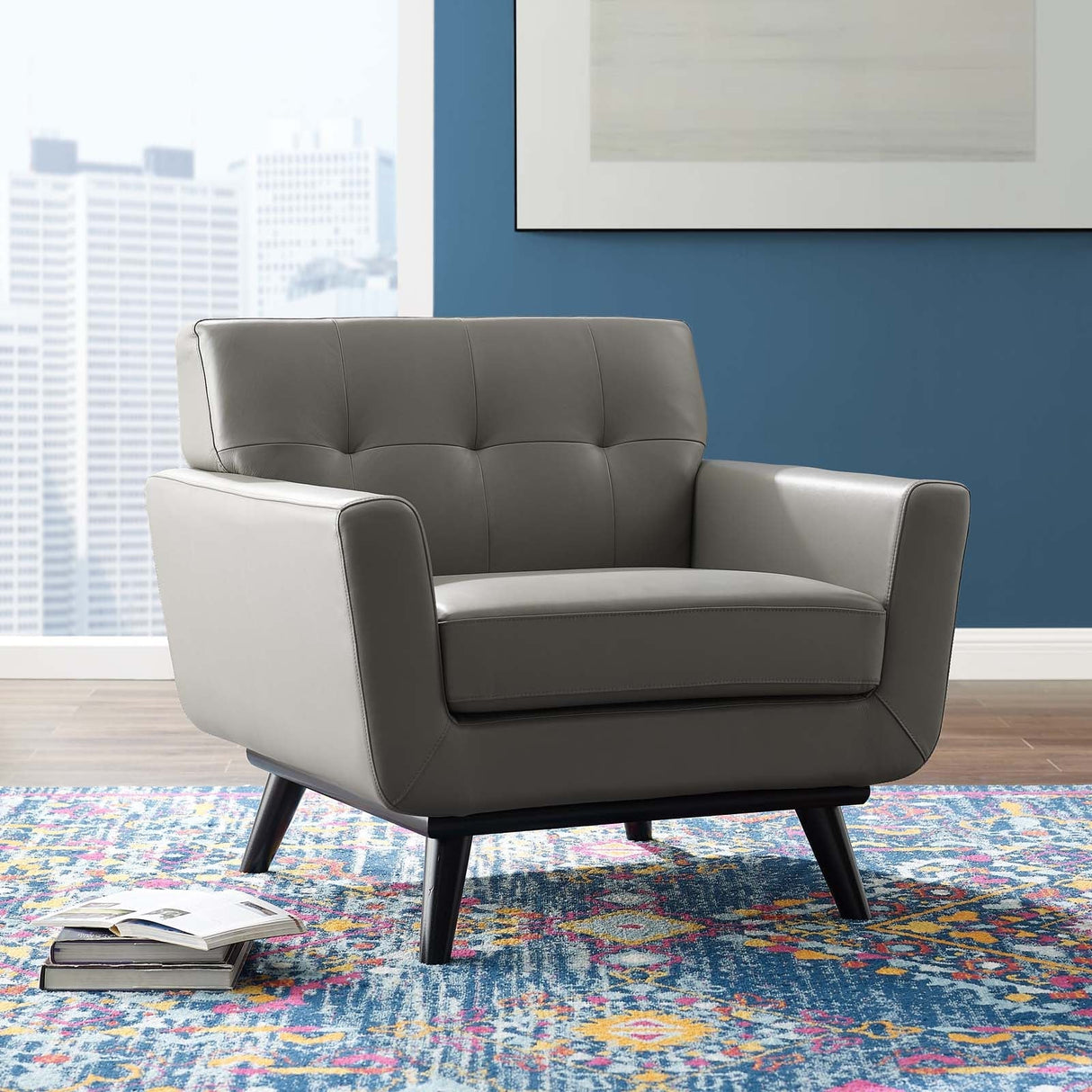 Engage Top-Grain Leather Living Room Lounge Accent Armchair - Mid-Century Modern & Top-Grain Leather