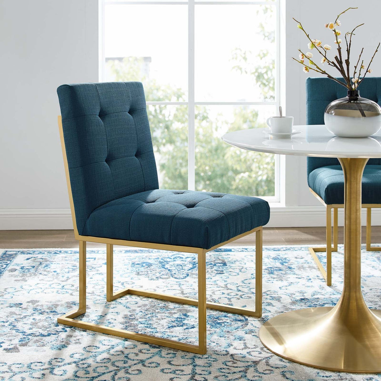 Privy Gold Stainless Steel Upholstered Fabric Dining Accent Chair - Glam Deco & Gold Geometric Base