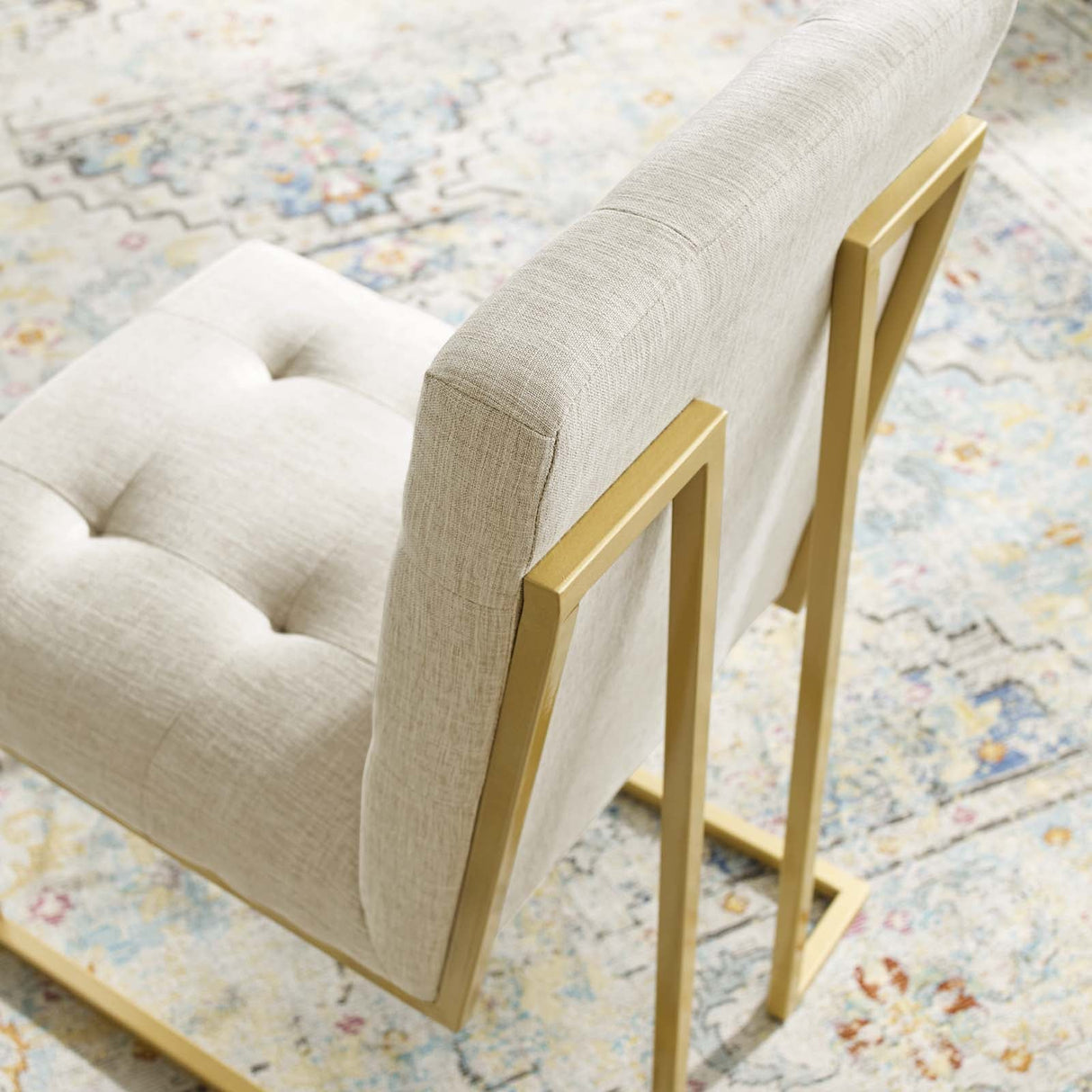 Privy Gold Stainless Steel Upholstered Fabric Dining Accent Chair - Glam Deco & Gold Geometric Base
