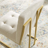 Privy Gold Stainless Steel Upholstered Fabric Dining Accent Chair - Glam Deco & Gold Geometric Base