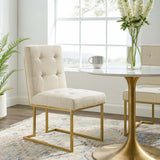 Privy Gold Stainless Steel Upholstered Fabric Dining Accent Chair - Glam Deco & Gold Geometric Base