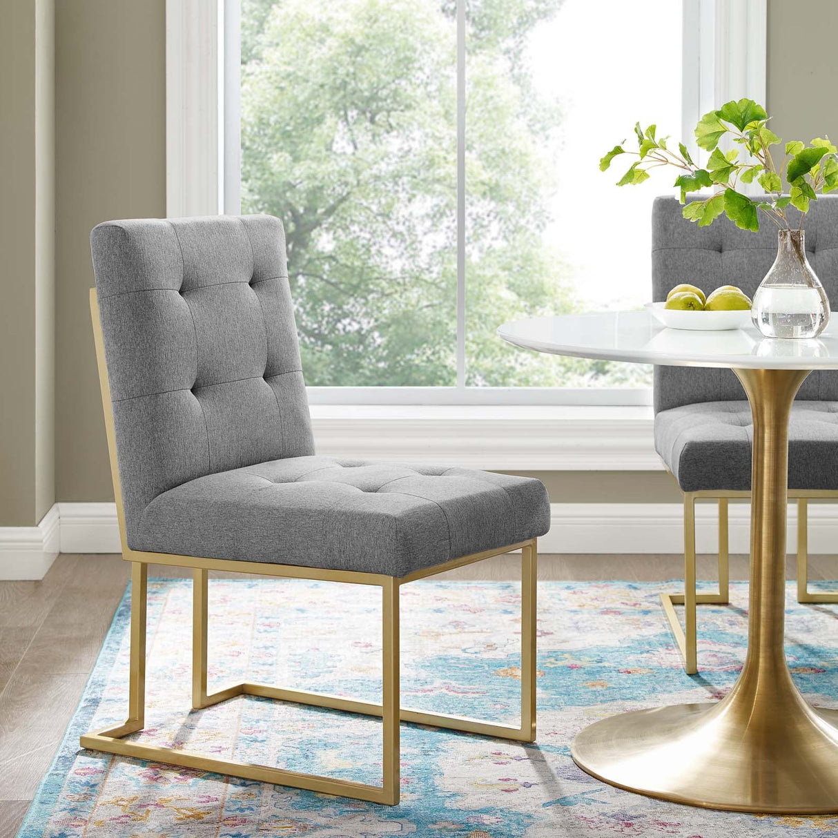 Privy Gold Stainless Steel Upholstered Fabric Dining Accent Chair - Glam Deco & Gold Geometric Base