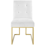 Privy Gold Stainless Steel Upholstered Fabric Dining Accent Chair - Glam Deco & Gold Geometric Base