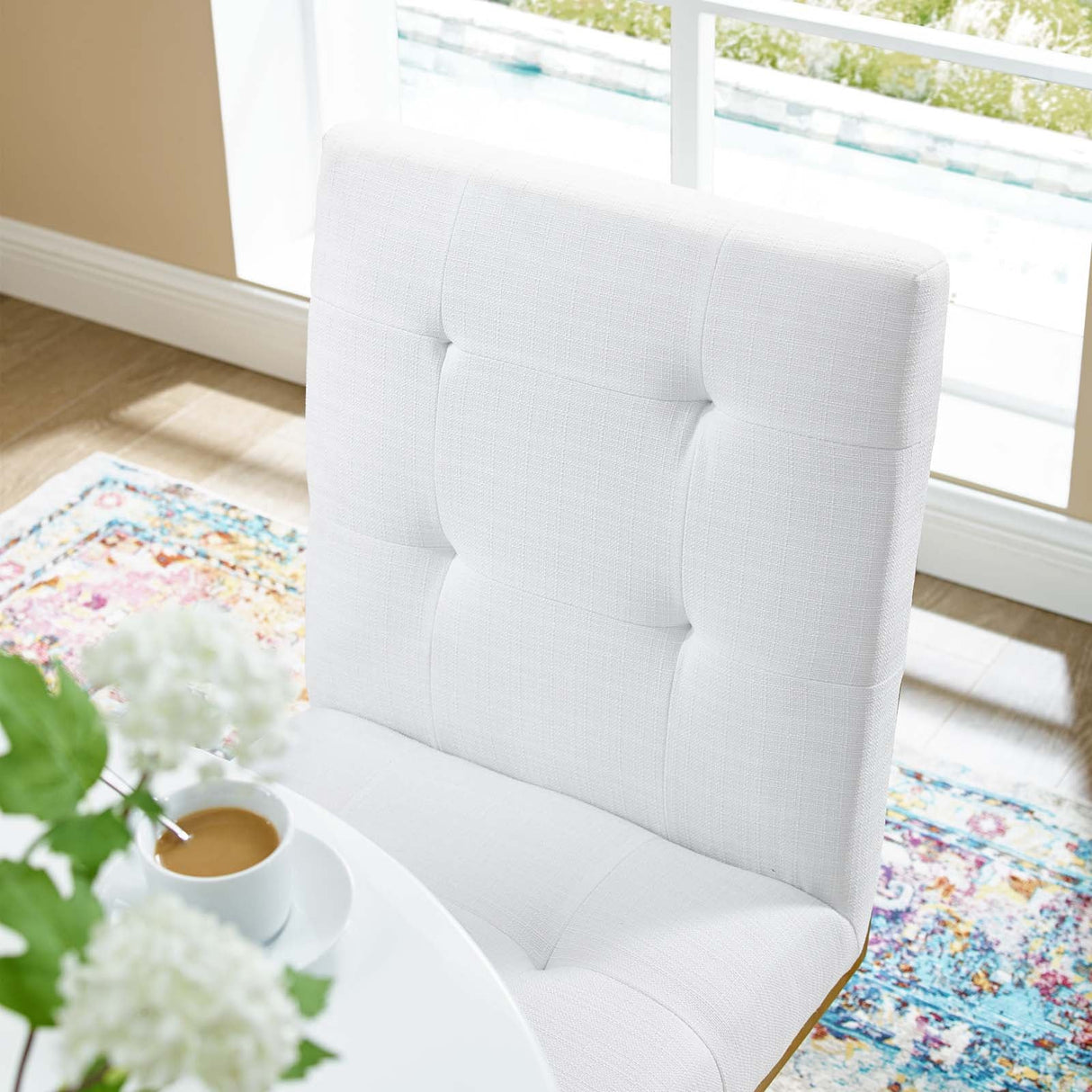 Privy Gold Stainless Steel Upholstered Fabric Dining Accent Chair - Glam Deco & Gold Geometric Base