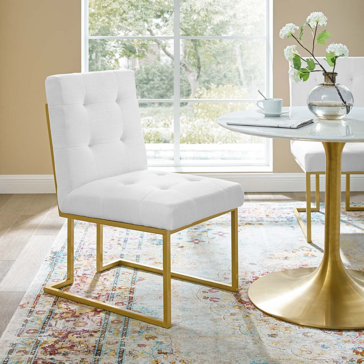 Privy Gold Stainless Steel Upholstered Fabric Dining Accent Chair - Glam Deco & Gold Geometric Base
