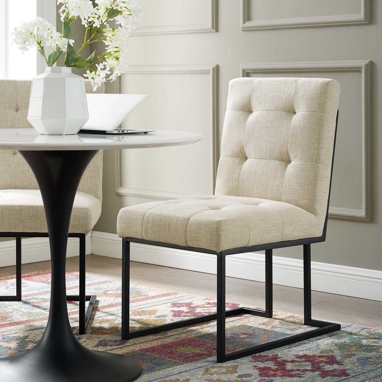 Privy Black Stainless Steel Upholstered Fabric Dining Chair - Glam Deco & Modern Kitchen Seating