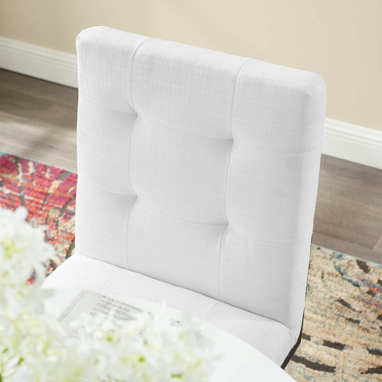 Privy Black Stainless Steel Upholstered Fabric Dining Chair - Glam Deco & Modern Kitchen Seating