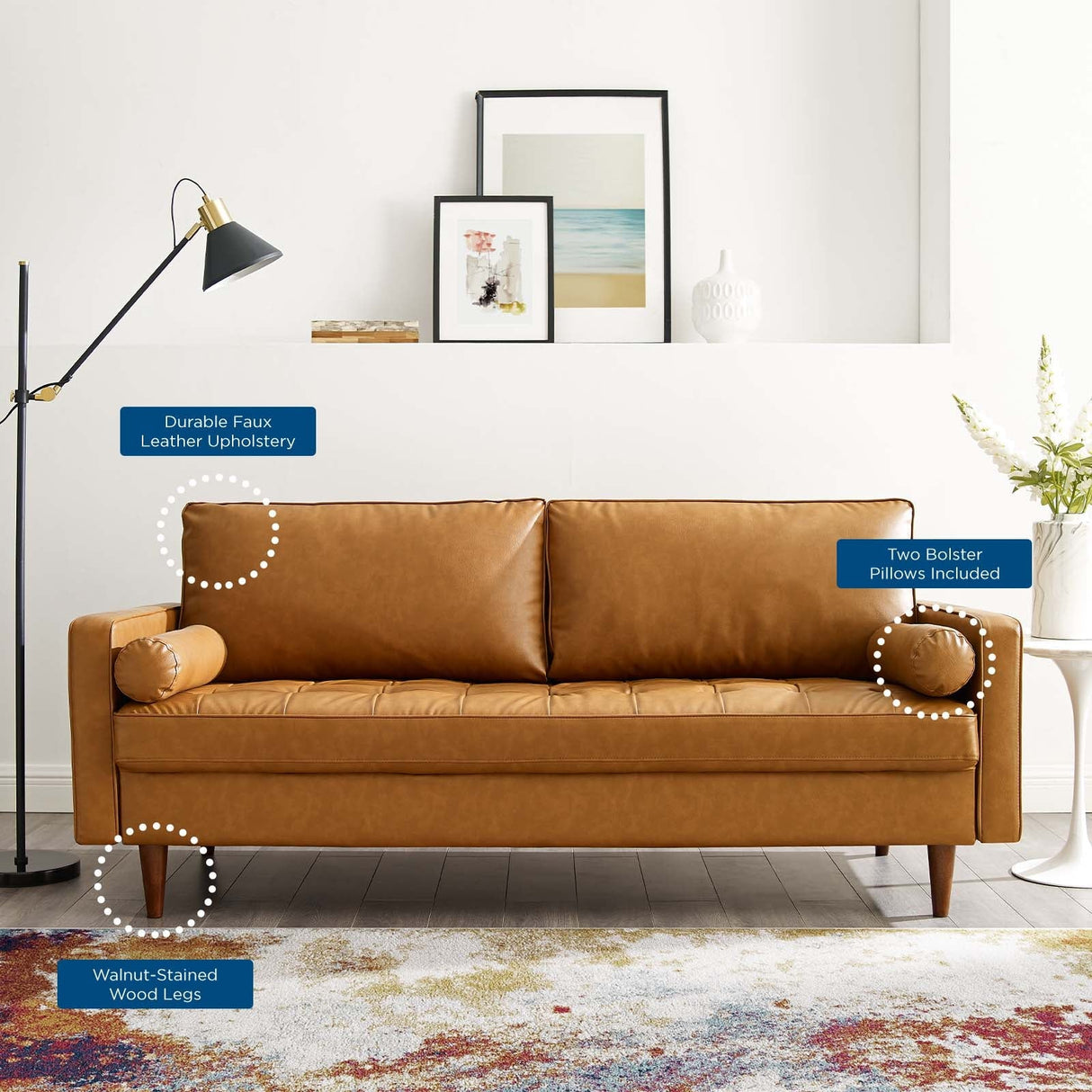 Valour Upholstered Faux Leather Sofa - Mid-Century Modern & Small Space Friendly