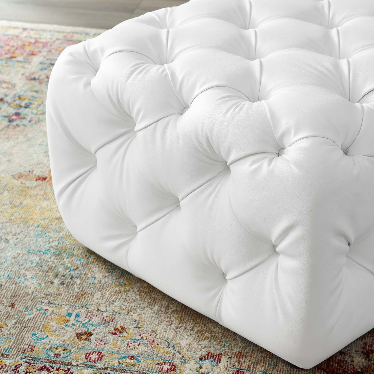 Amour Tufted Button Square Faux Leather Ottoman - Modern Glam & Versatile Footstool