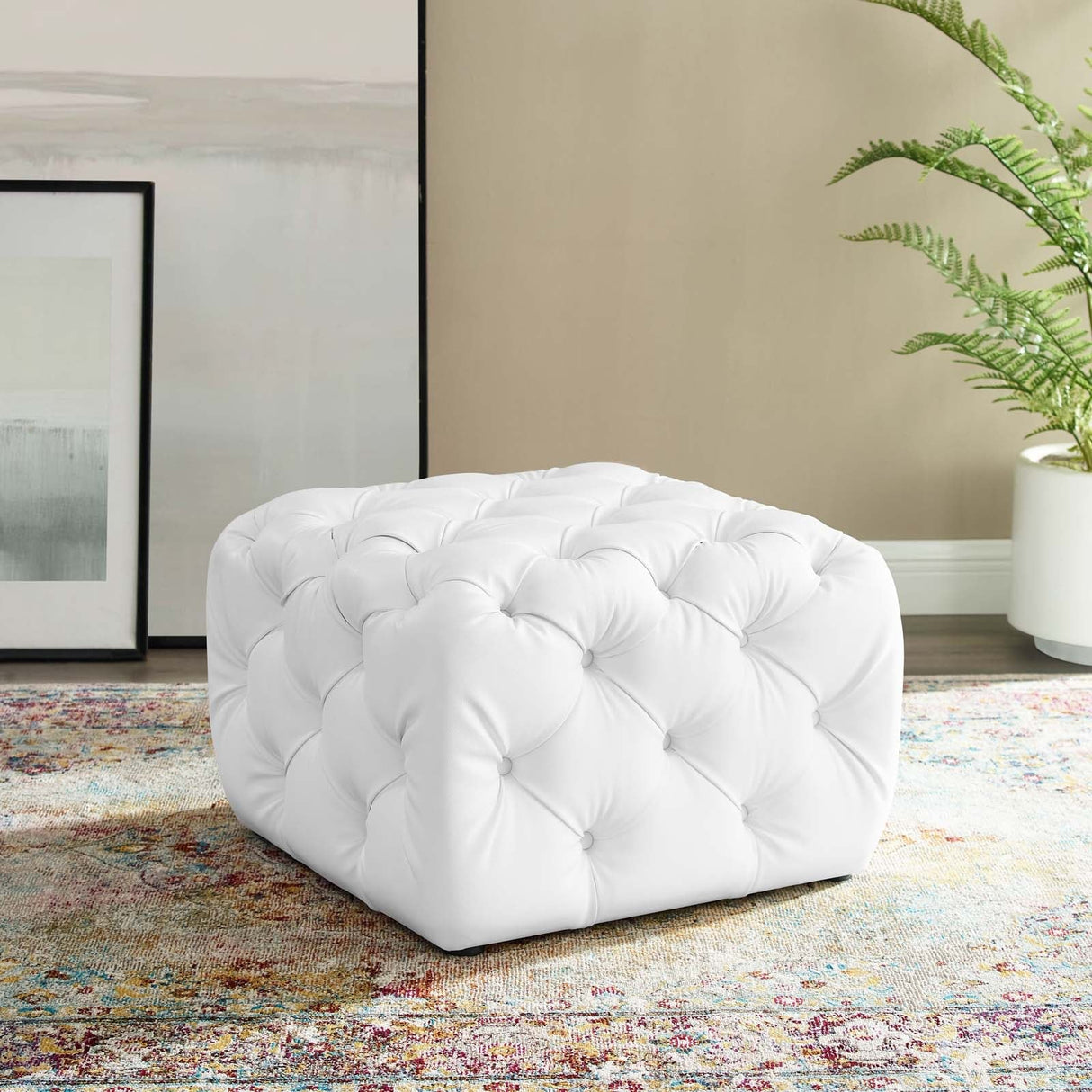 Amour Tufted Button Square Faux Leather Ottoman - Modern Glam & Versatile Footstool