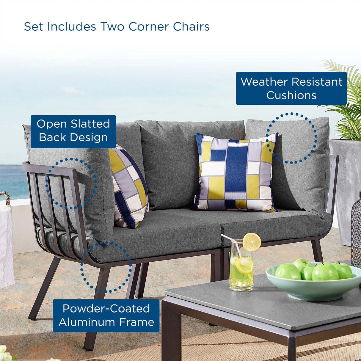 Riverside 2 Piece Outdoor Patio Aluminum Sectional Sofa Set - Coastal Modern & Weather-Resistant