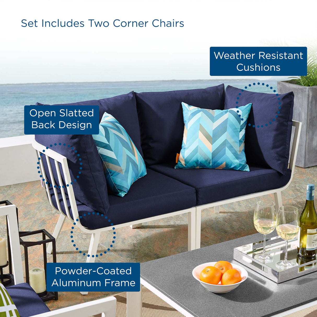 Riverside 2 Piece Outdoor Patio Aluminum Sectional Sofa Set - Coastal Modern & Weather-Resistant