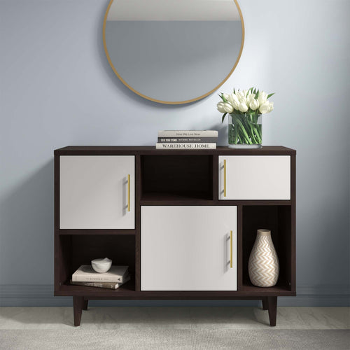 Daxton Display Stand with Six Storage Areas & Gold Hardware - Mid-Century Modern in Cappuccino & White