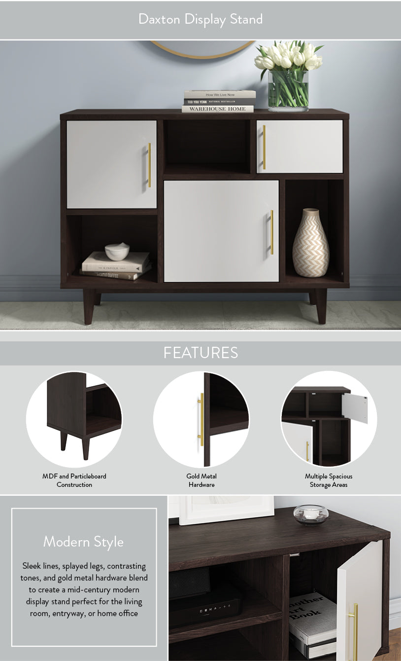 Daxton Display Stand with Six Storage Areas & Gold Hardware - Mid-Century Modern in Cappuccino & White dimensions