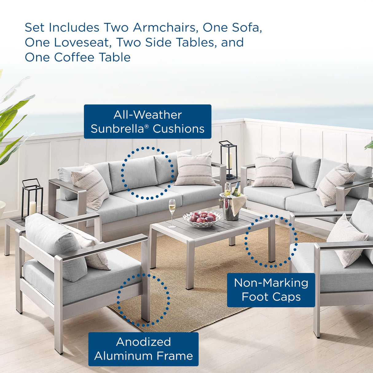 Shore Sunbrella® Fabric Outdoor Patio Aluminum 7 Piece Set