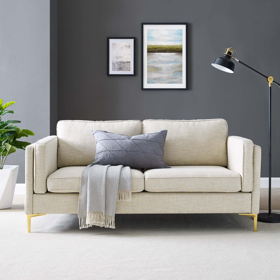 Kaiya Fabric Sofa with French Piping & Gold Metal Accents - Retro Mid-Century Modern Upholstered Sofa