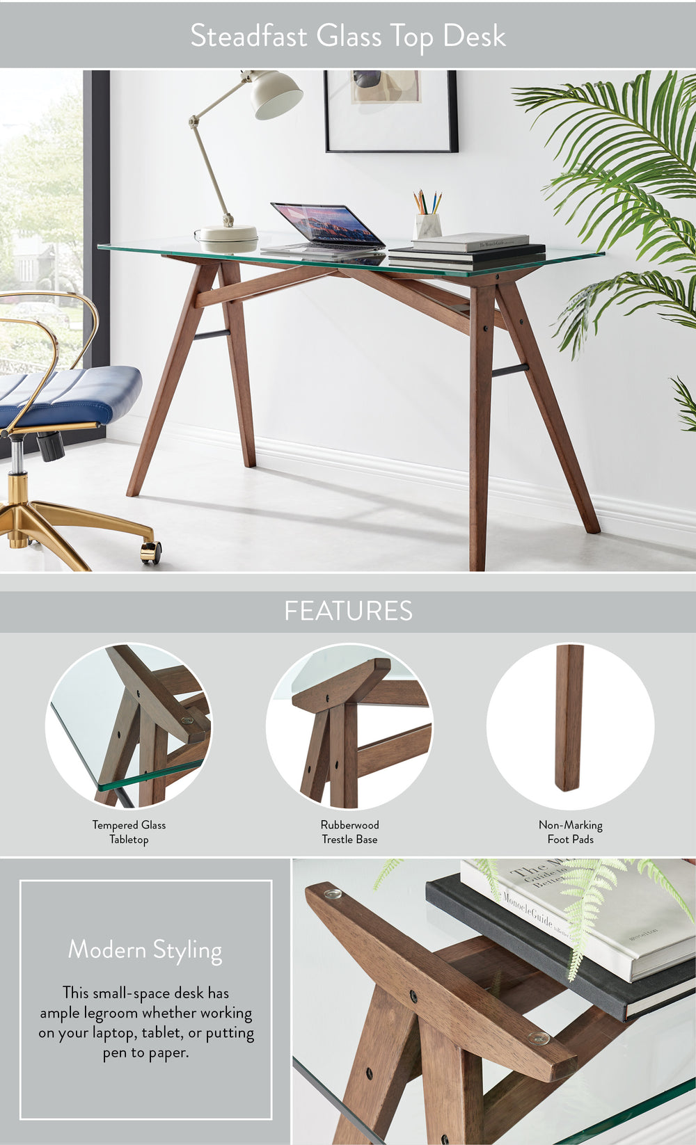 Steadfast Glass Top Office Desk dimensions