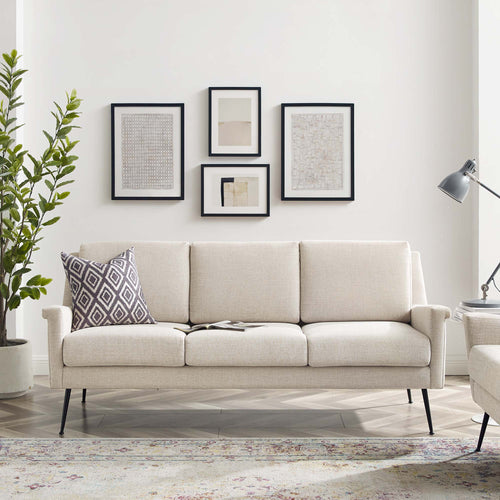 Chesapeake Fabric Sofa with Flared Silhouette & Matte Black Metal Legs - Retro Modern Tailored Sofa
