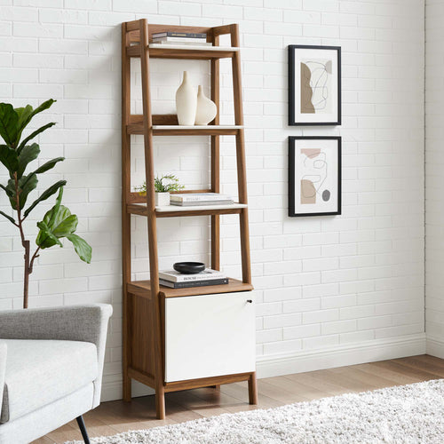 Bixby Tiered Bookshelf with Concealed Bottom Storage - Modern Walnut & White Display Stand