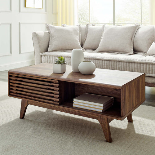 Render Coffee Table with Sliding Slatted Door Storage - Mid-Century Modern Walnut Grain Finish