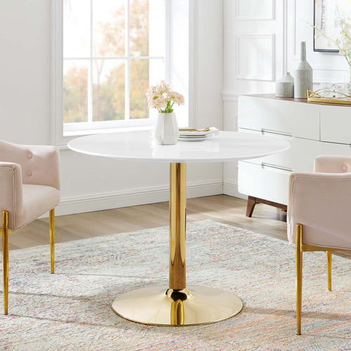 Verne Round Dining Table with Polished Gold Metal Pedestal Base - Mid-Century Modern Kitchen Table
