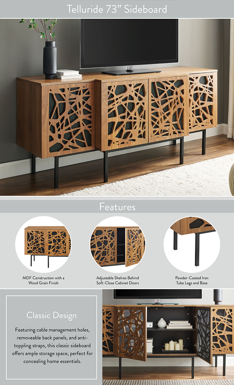 Telluride Sideboard with Adjustable Shelves & Iron Tube Legs - Modern Organic Walnut Veneer Buffet & TV Stand dimensions