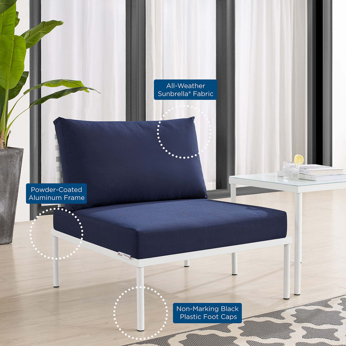 Harmony Sunbrella® Basket Weave Outdoor Patio Aluminum Armless Chair (Modern Coastal & Weather-Resistant Performance)