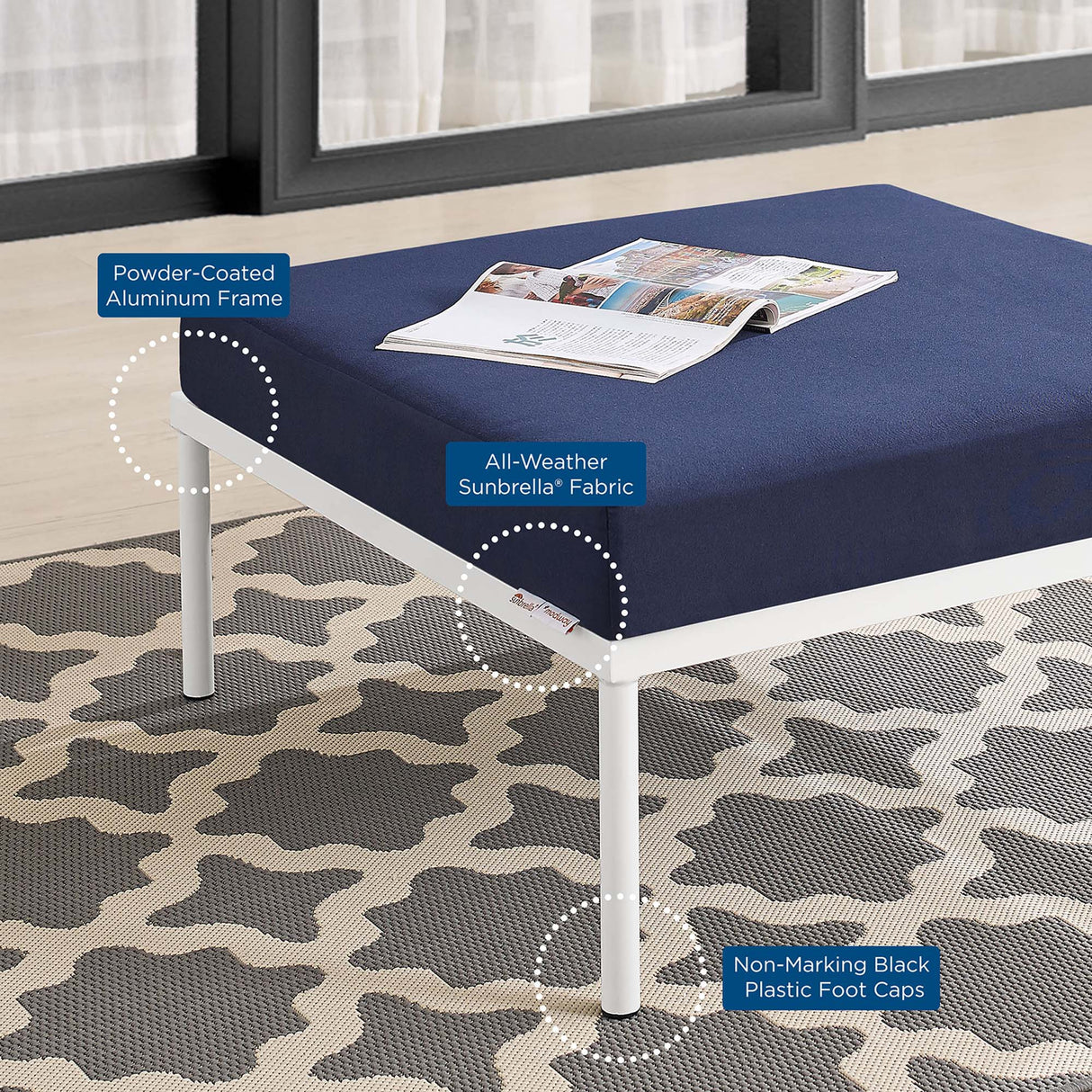Harmony Sunbrella Outdoor Patio Aluminum Ottoman - Modern Minimalist & Weather-Resistant
