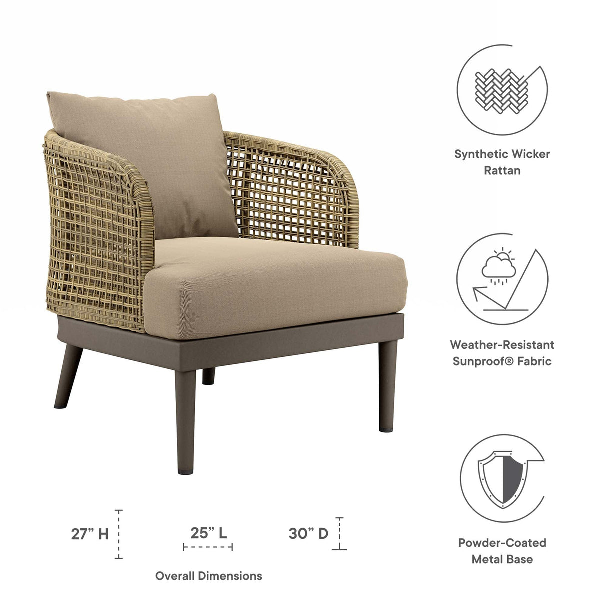 Meadow Rattan Wicker Outdoor Armchair with Plush Cushions - Modern Coastal & Weather-Resistant Seating