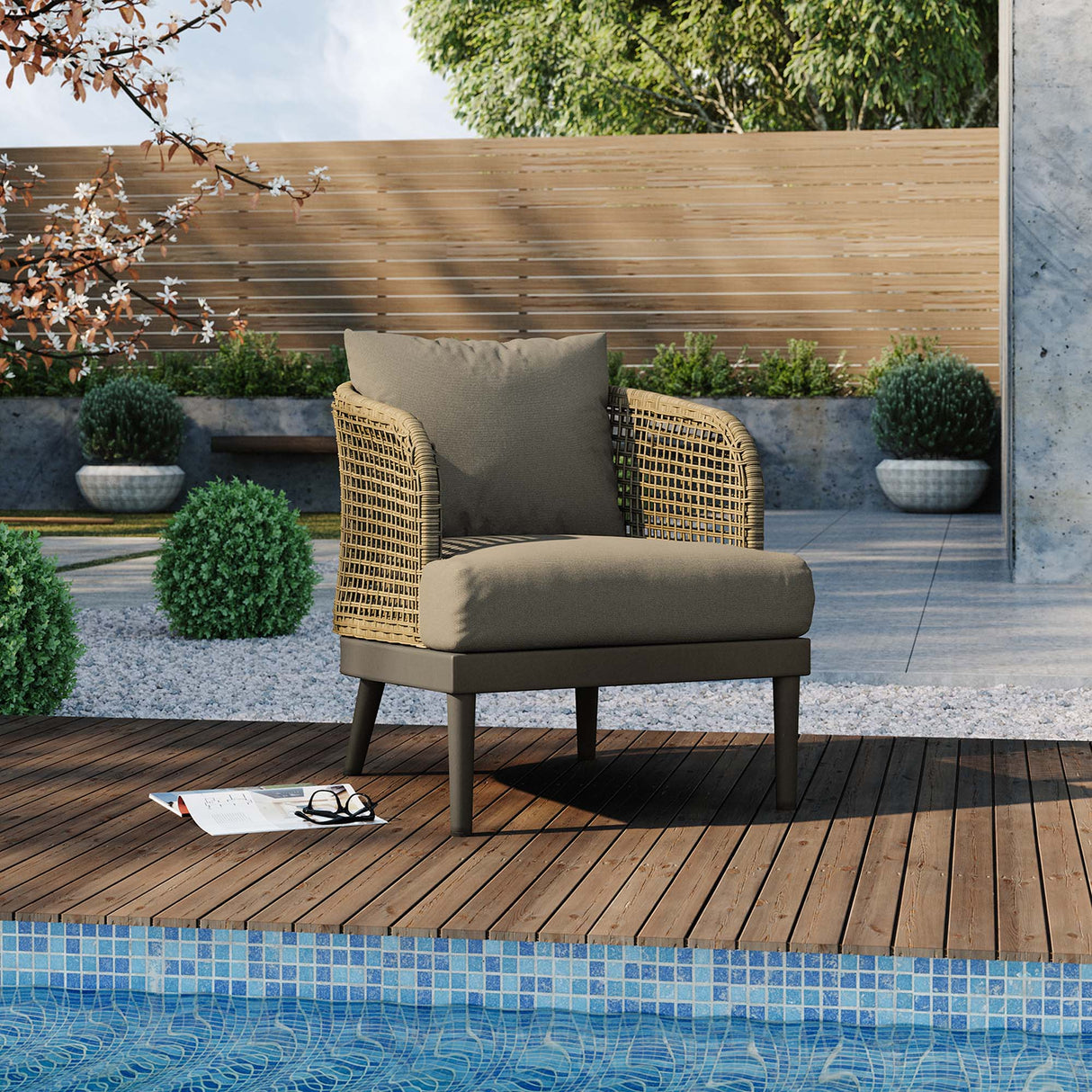 Meadow Rattan Wicker Outdoor Armchair with Plush Cushions - Modern Coastal & Weather-Resistant Seating