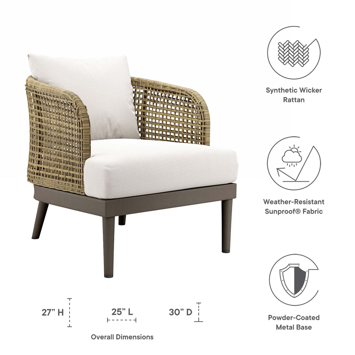 Meadow Rattan Wicker Outdoor Armchair with Plush Cushions - Modern Coastal & Weather-Resistant Seating