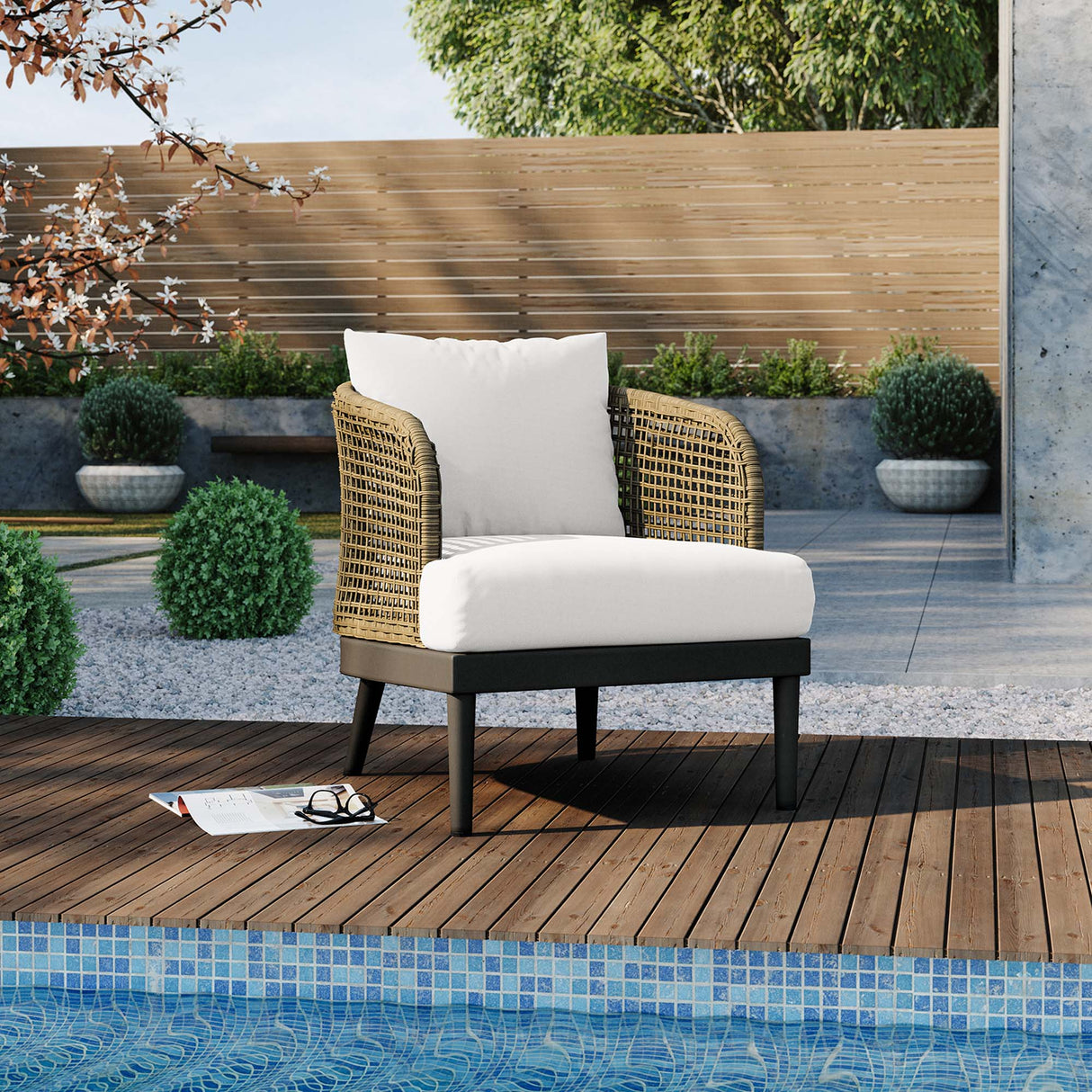 Meadow Rattan Wicker Outdoor Armchair with Plush Cushions - Modern Coastal & Weather-Resistant Seating