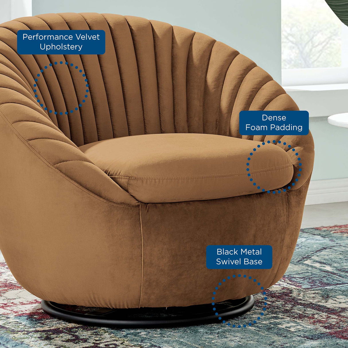 Whirr Tufted Performance Velvet Swivel Chair - Art Deco Style & 360-Degree Functionality