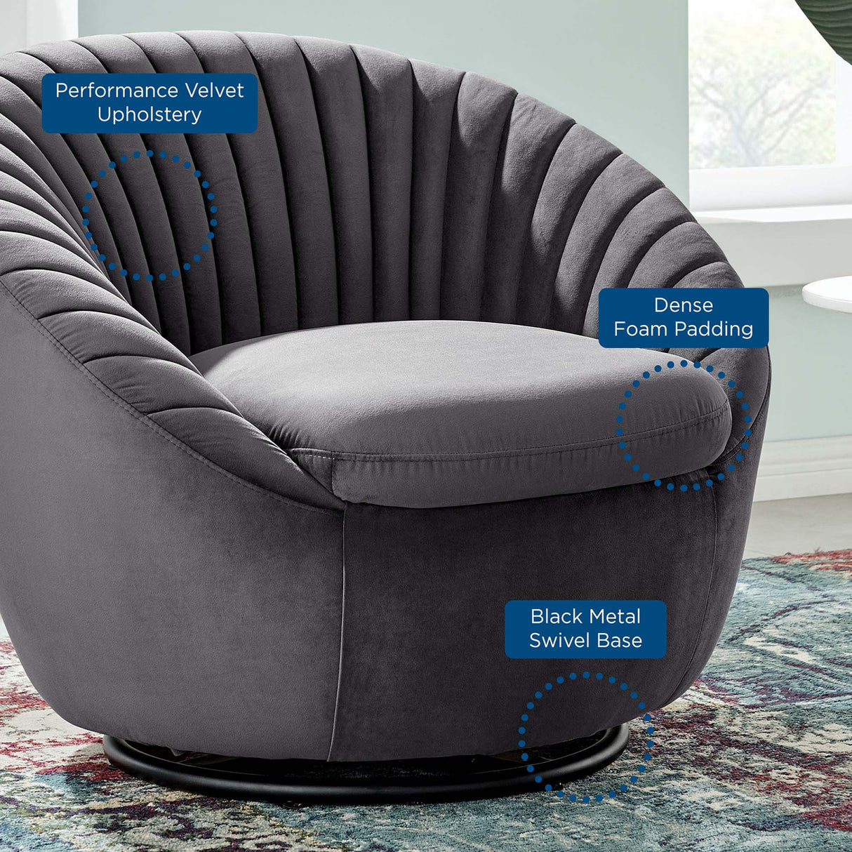 Whirr Tufted Performance Velvet Swivel Chair - Art Deco Style & 360-Degree Functionality