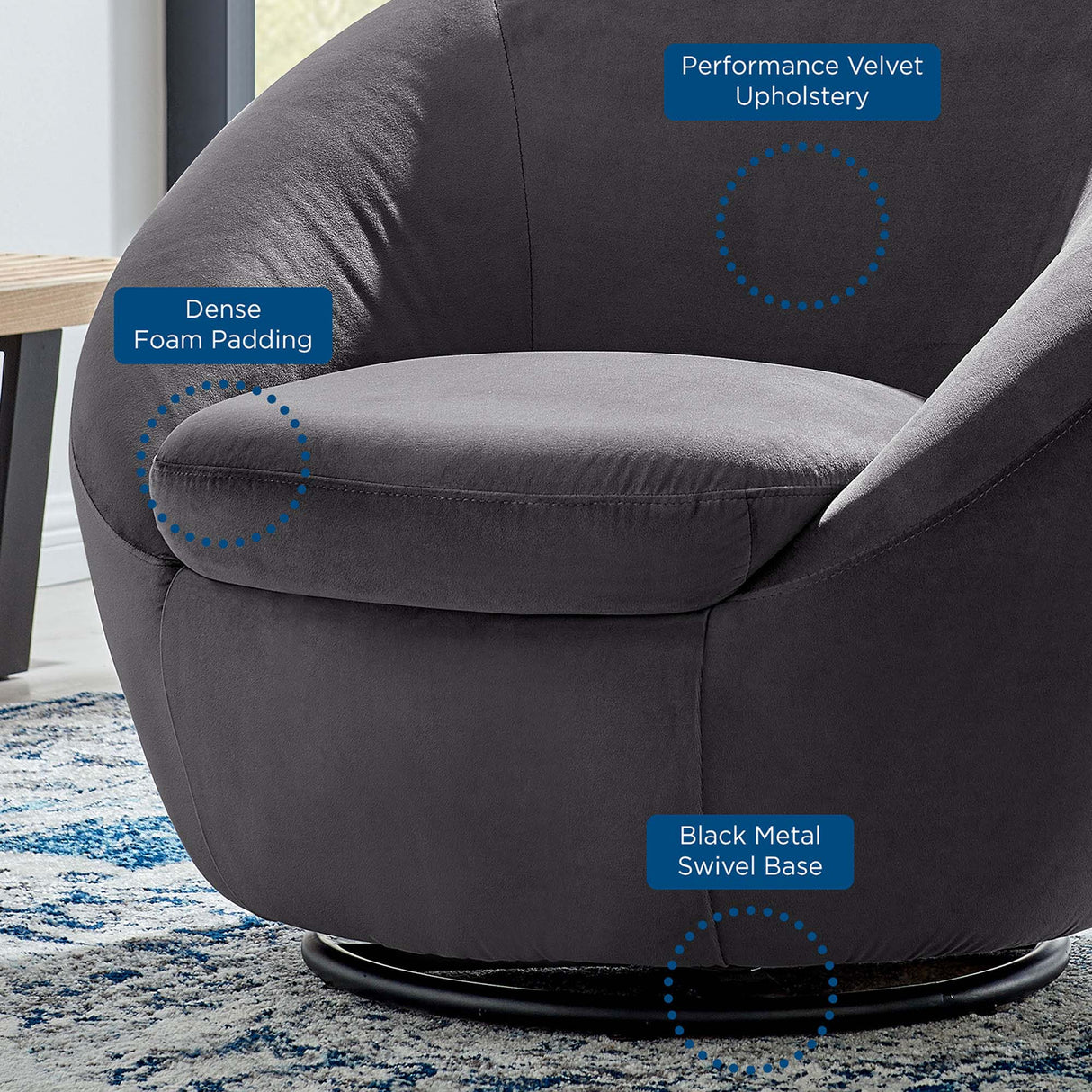 Buttercup Performance Velvet Swivel Chair - Modern Glam & Stain-Resistant