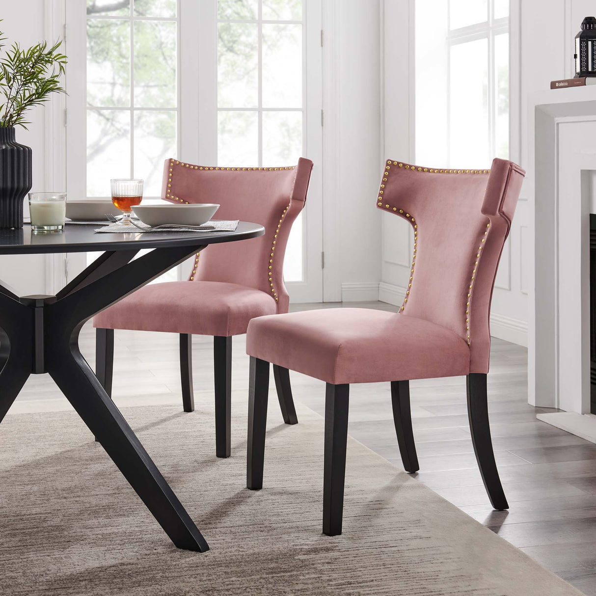 Curve Performance Velvet Dining Chairs - Set of 2 - Mid-Century Modern & Stain-Resistant