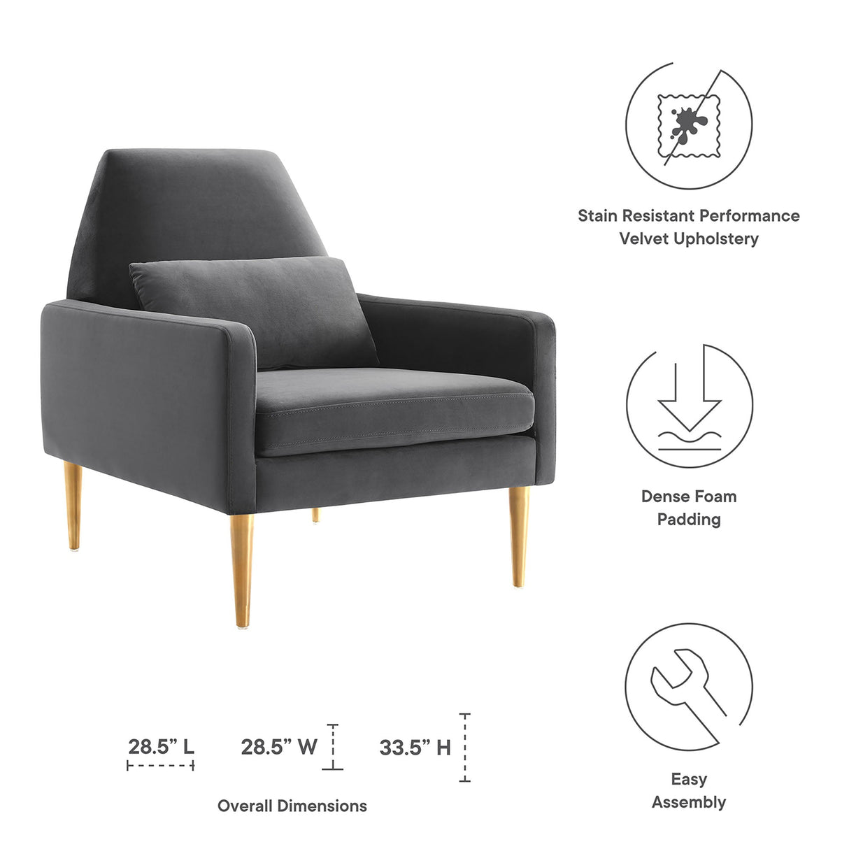 Liliana Performance Velvet Armchair - Mid-Century Modern & Stain-Resistant